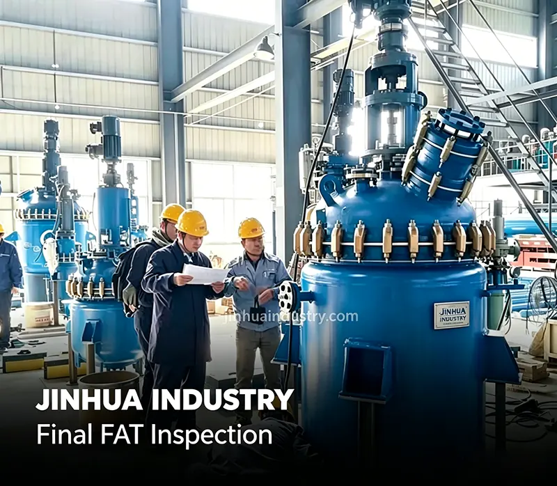 Jinhua Industry senior engineers conducting strict quality inspection and blueprint verification on custom glass-lined chemical reactors during factory fabrication in China