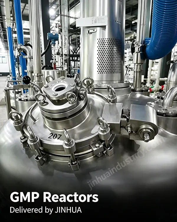 Close up of premium stainless steel GMP reactor top head with quick open manhole and sanitary finish